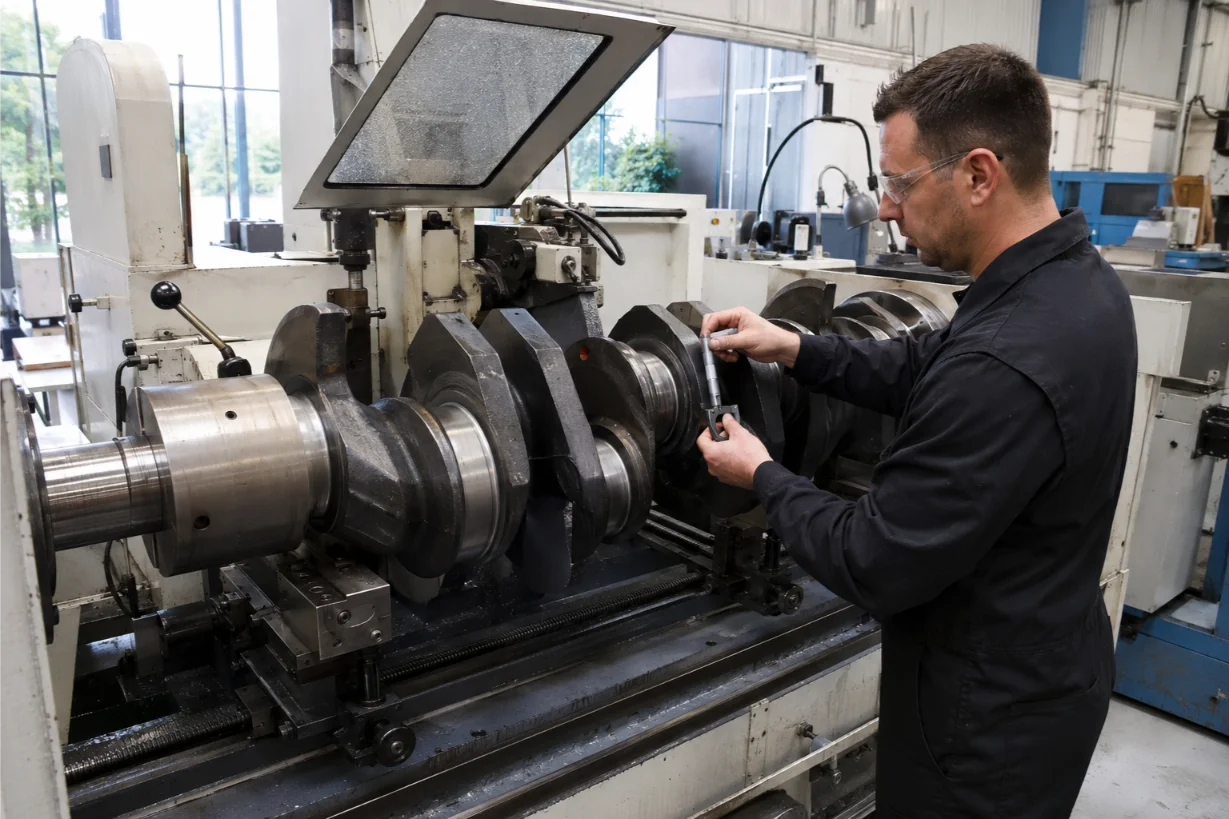 Crankshaft grinding and precision machining in a Canterbury engine workshop
