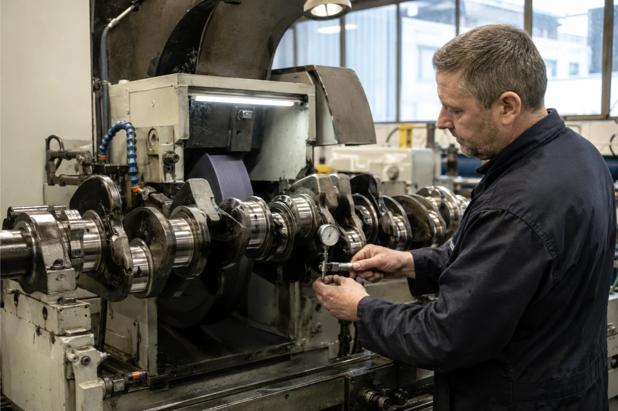 Crankshaft grinding and precision machining in an Exeter engine workshop
