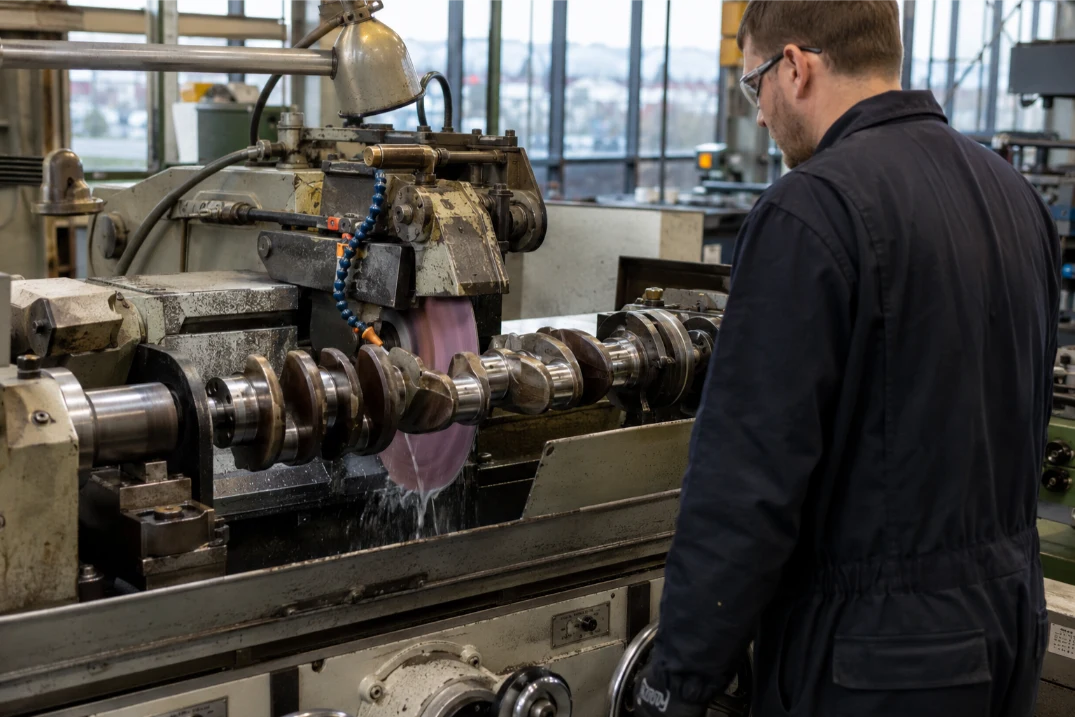 Crankshaft grinding and precision machining in a Leeds engine workshop