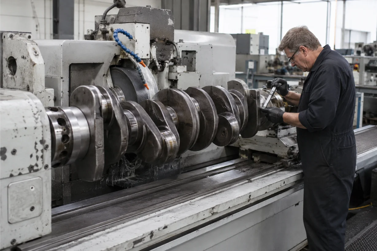Crankshaft grinding and precision machining in a Stoke-on-Trent engine workshop