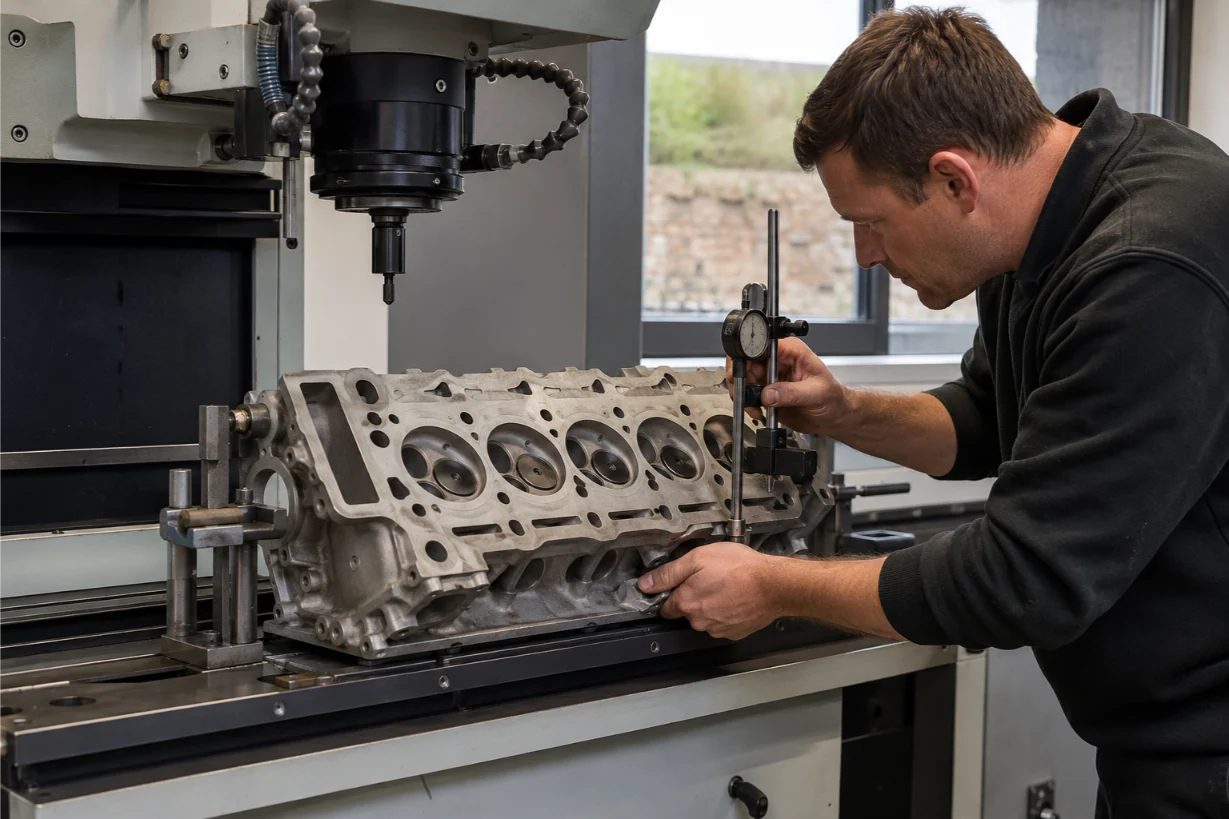 Porsche cylinder head undergoing specialist machining and repair in Wales