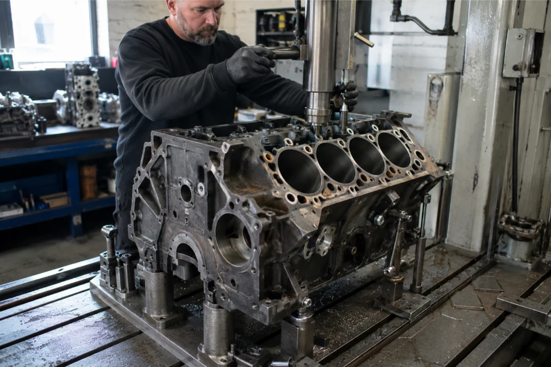 Audi cylinder head undergoing specialist repair and machining in Leeds