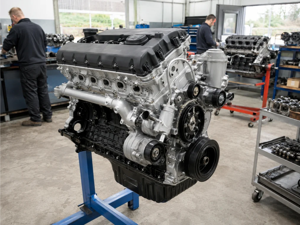 Remanufactured BMW engine undergoing professional reconditioning in Essex