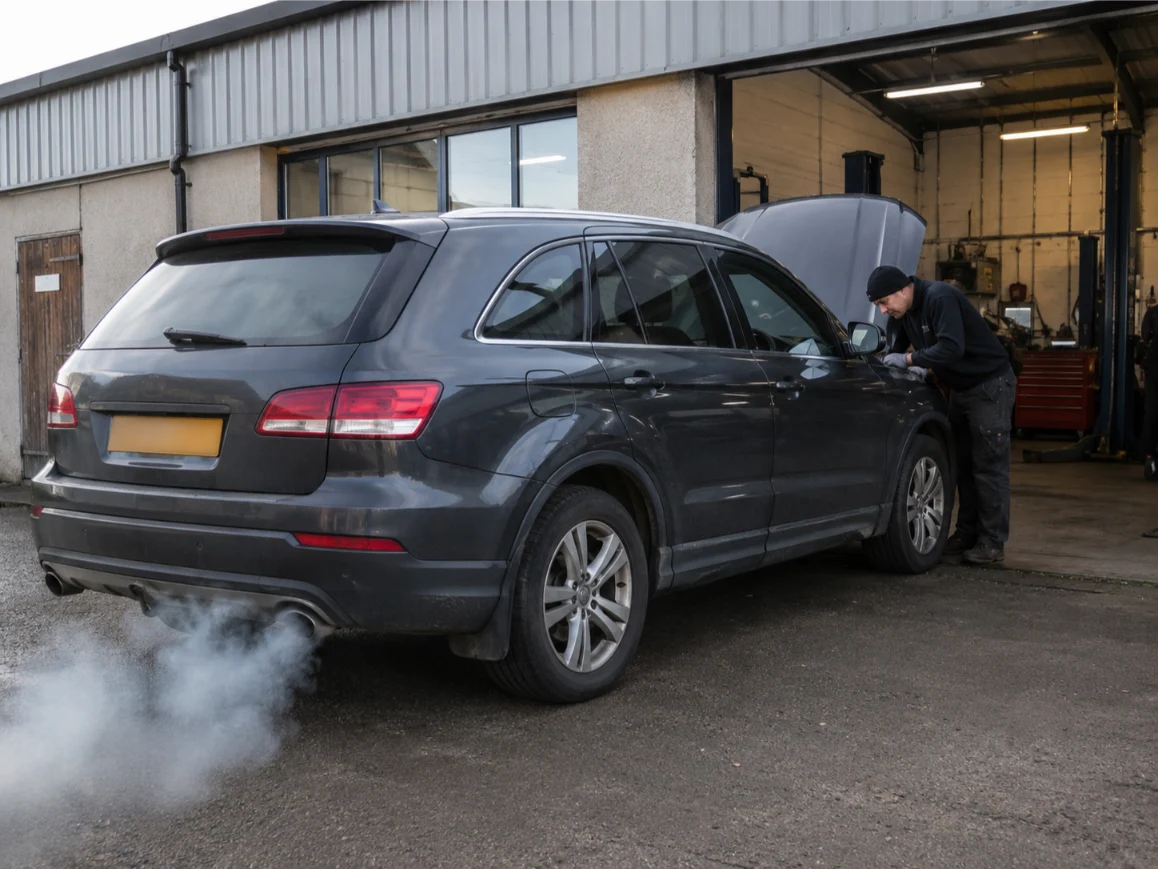 Engine overheating and white smoke warning signs on a vehicle in the Cotswolds
