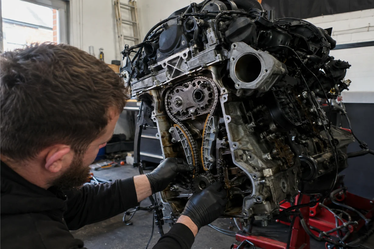 Engine timing chain and timing belt repair on a BMW engine in Wales