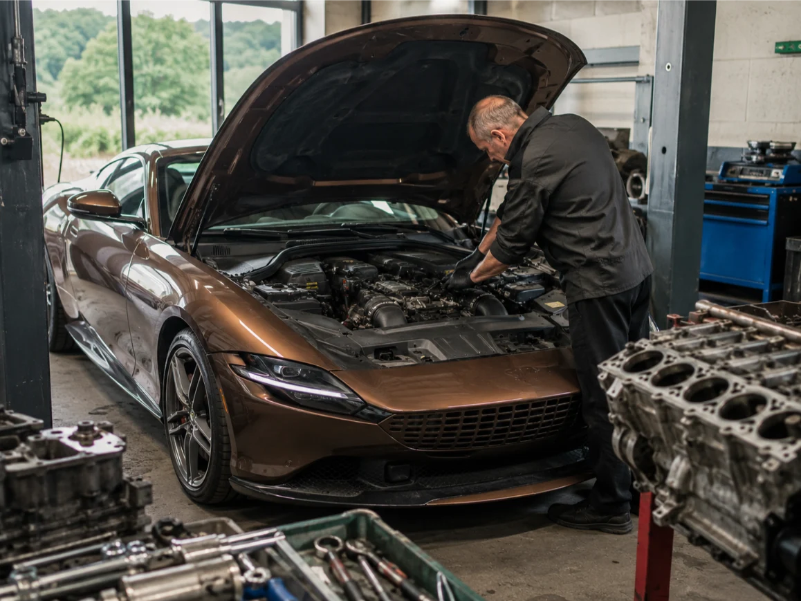 Ferrari engine repair being carried out by specialist technicians in the Cotswolds