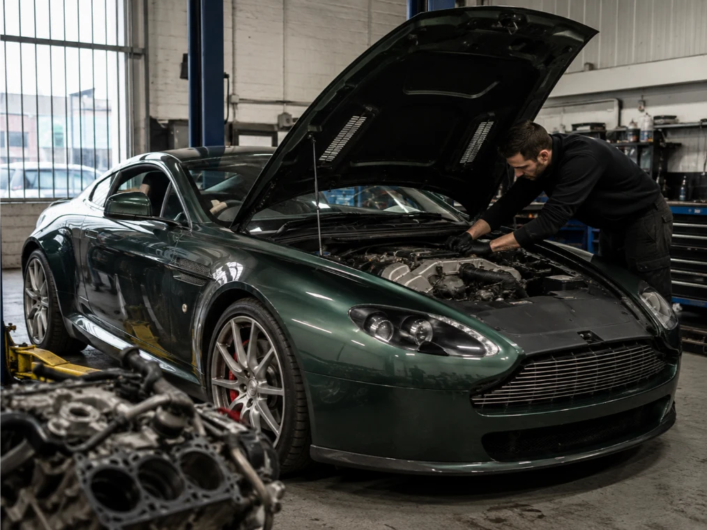 Aston Martin Vantage engine repair being carried out by specialist technicians in Leeds