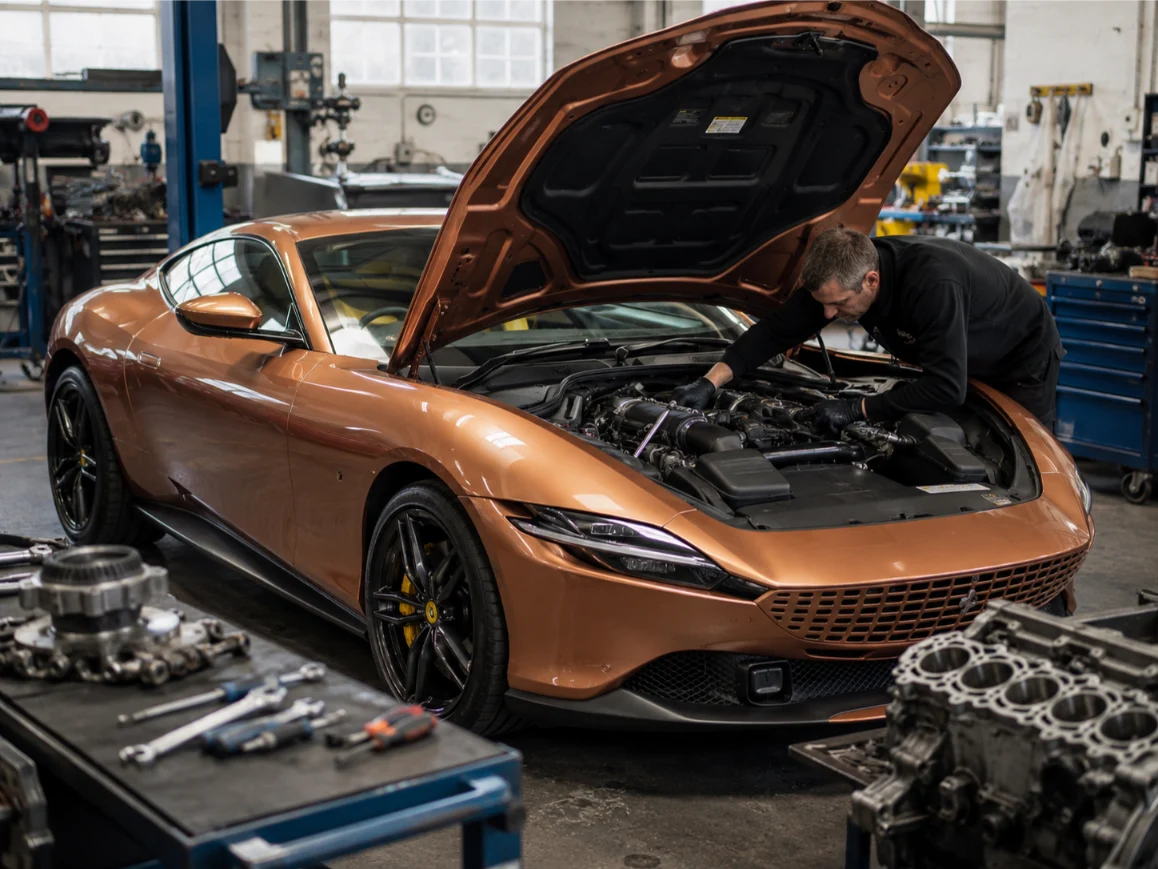 Ferrari engine repair being carried out by specialist technicians in a professional Welsh workshop